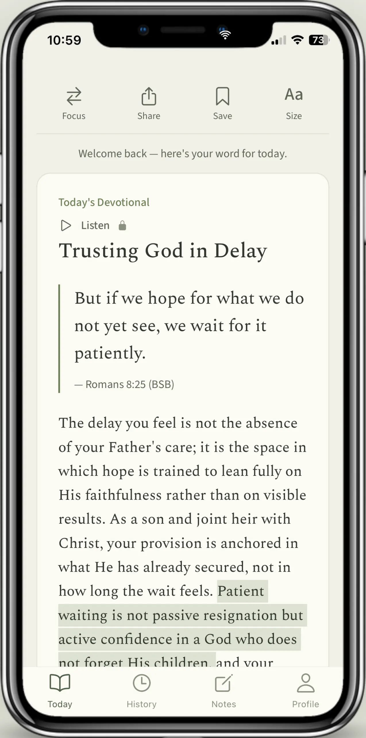 A day’s devotional on the Today screen — Romans 8:25 above a reflection on waiting.