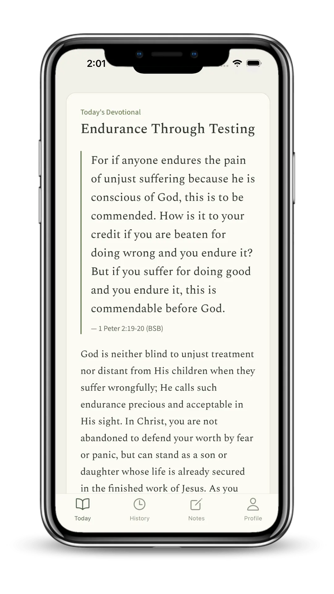 A fresh daily Scripture devotional on the Today screen — verse, reflection, prayer, and declaration.