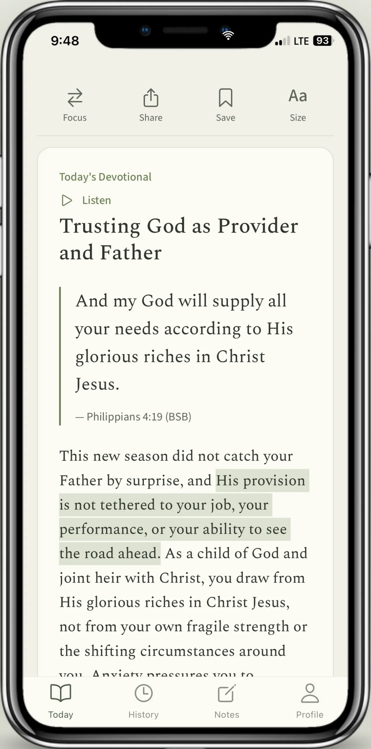 The devotional that theme produces on the Today screen — Philippians 4:19 above a reflection written for that season.