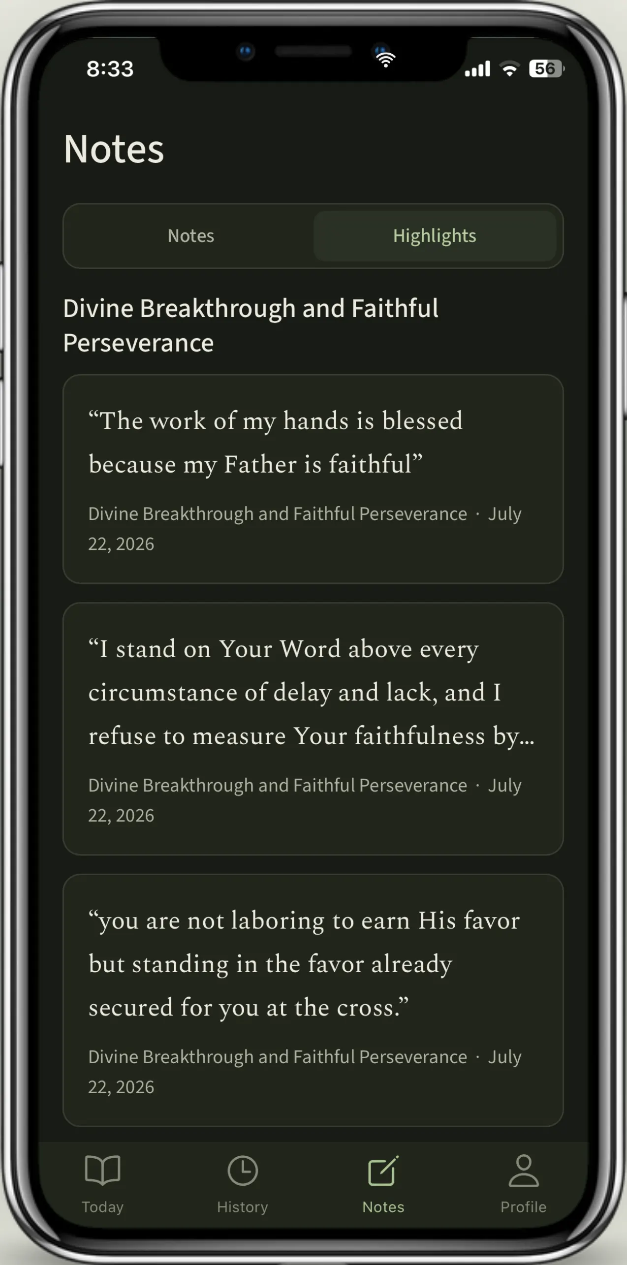 The Notes tab’s Highlights view, gathering the lines a reader has kept under the theme they came from.