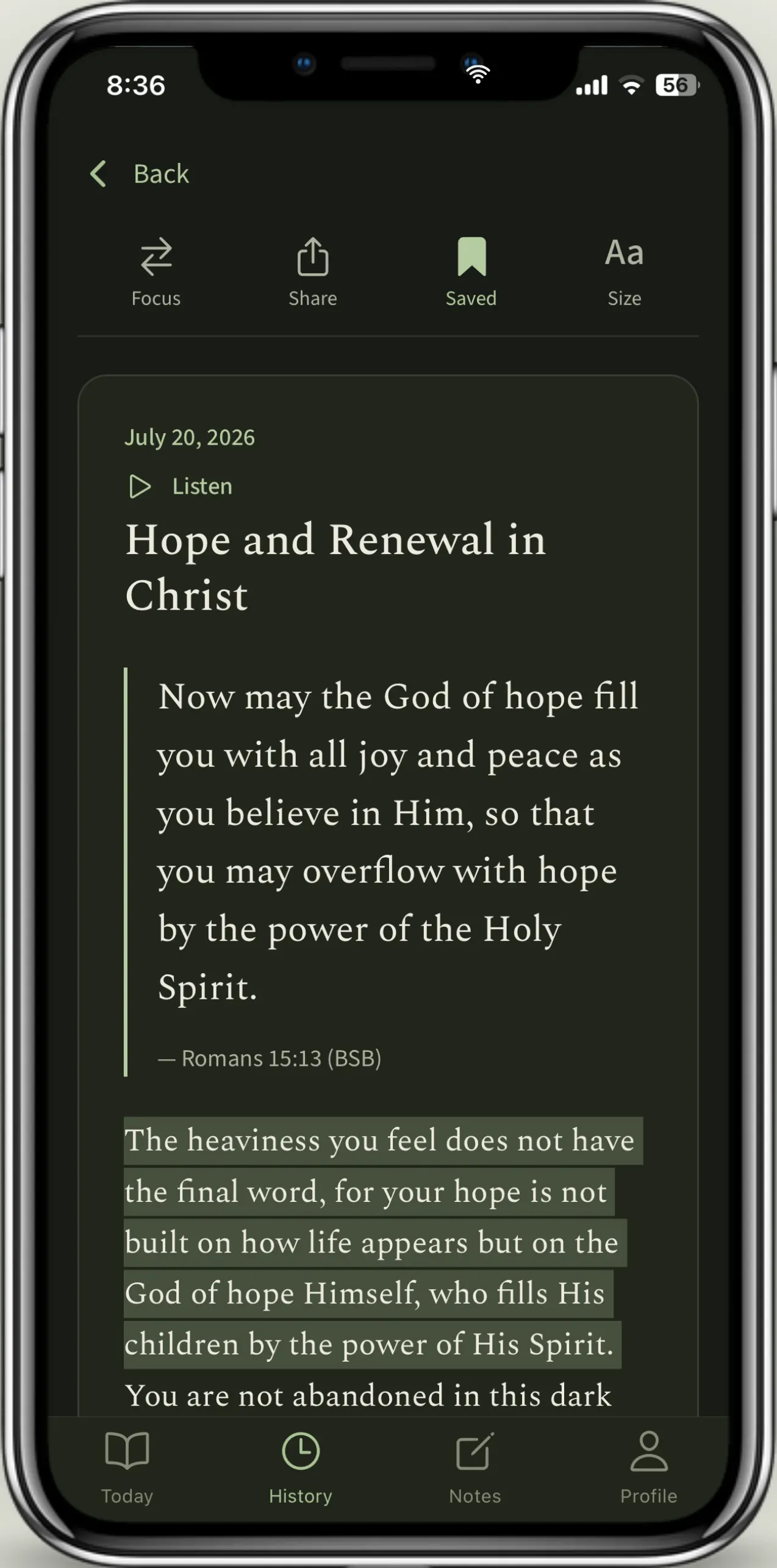 A Daily Pastures devotional — Romans 15:13, a reflection with lines the reader has highlighted, and controls to listen, share, or save it.