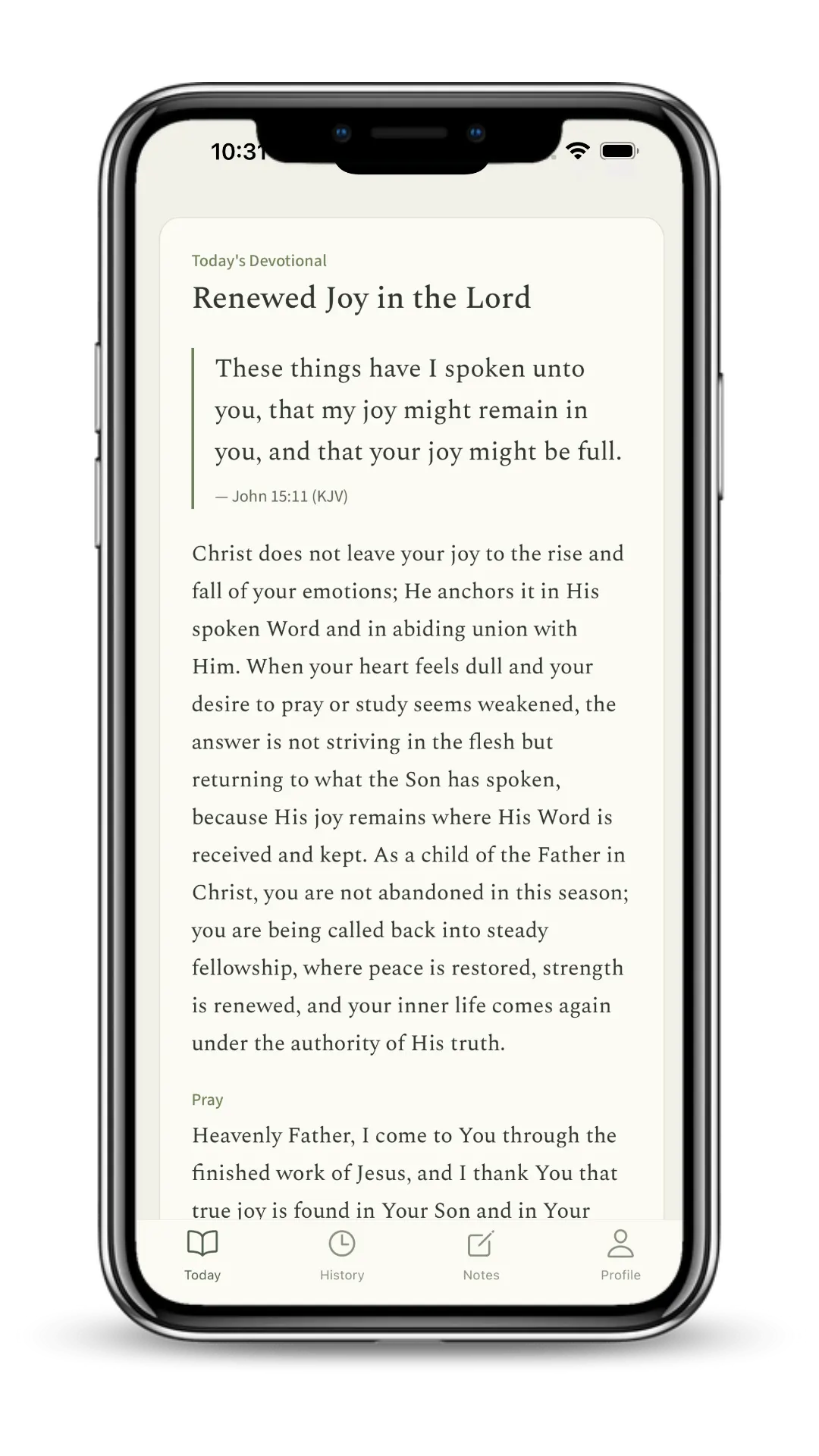 The Pastures Today screen showing a daily Scripture meditation with a verse, reflection, prayer, and declaration.